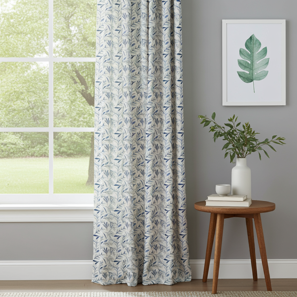 patterned linen-look curtains with pencil pleat heading