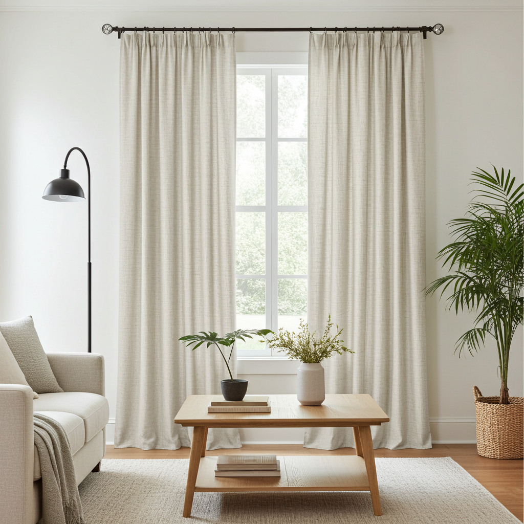soft light grey linen-look readymade curtains with pencil pleat heading