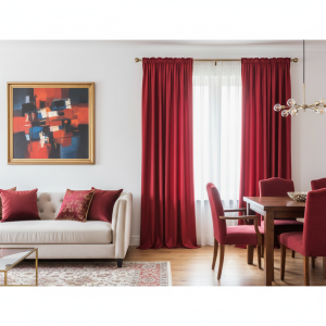 Luxurious Red dutch velvet curtains hanging in a sophisticated living room