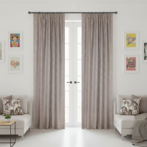 grey linen-look readymade thermal curtains with pencil pleat heading