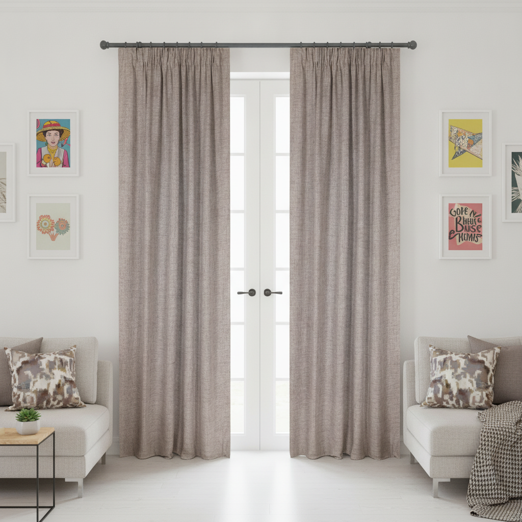grey linen-look readymade thermal curtains with pencil pleat heading